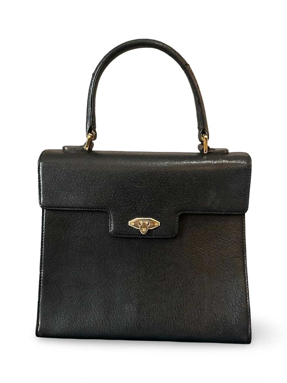 Valentino Garavani Black Textured Leather Structured Top-Handle Bag – Gold Clasp